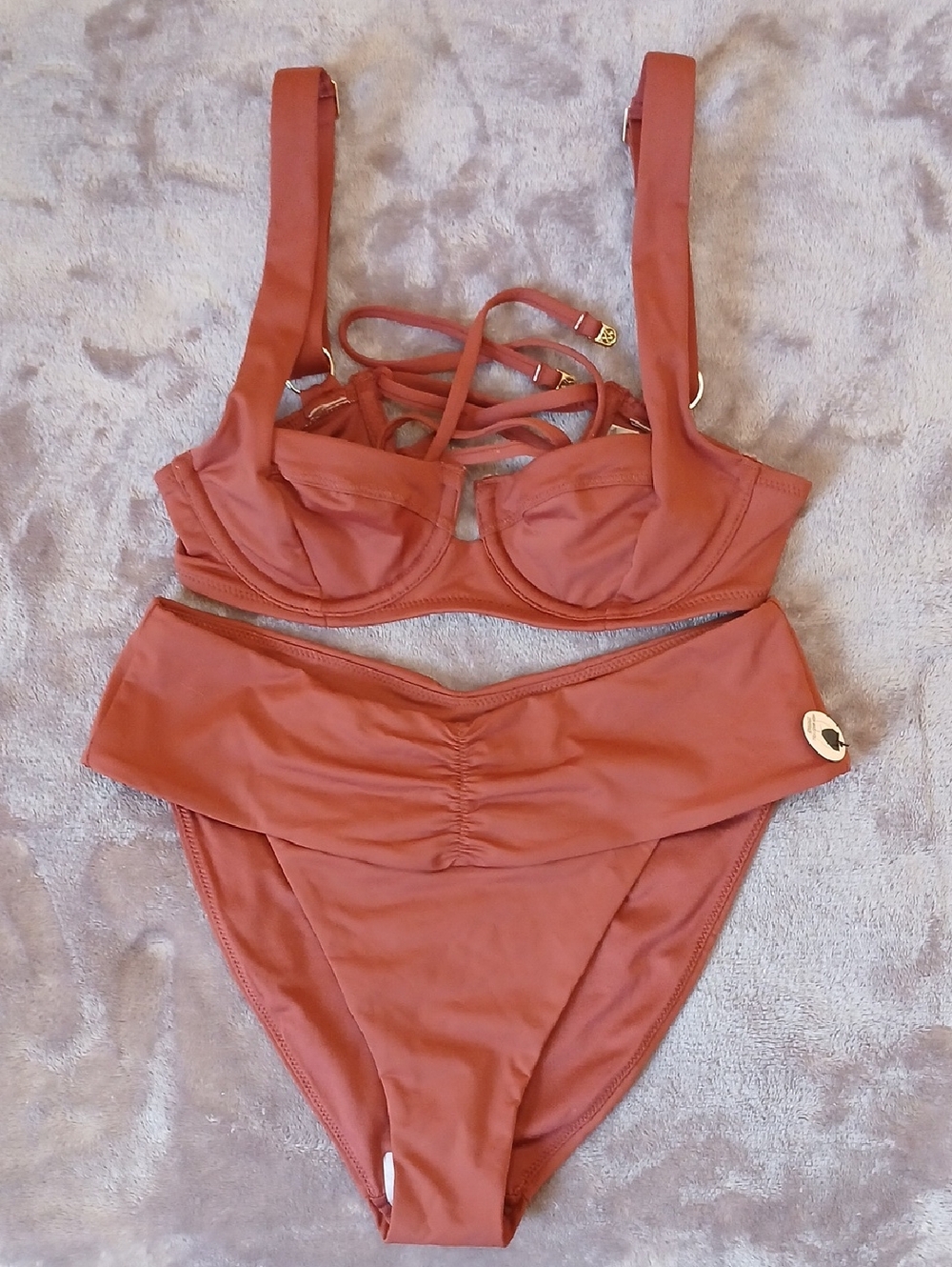 Victoria's Secret Rust-Red Strappy Higjh-Waist Full Coverage Bikini Set 32A/XS